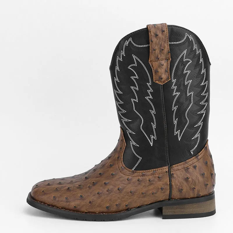 Men's black western-style square toe motorcycle boots with a rubber sole and mid-calf height.