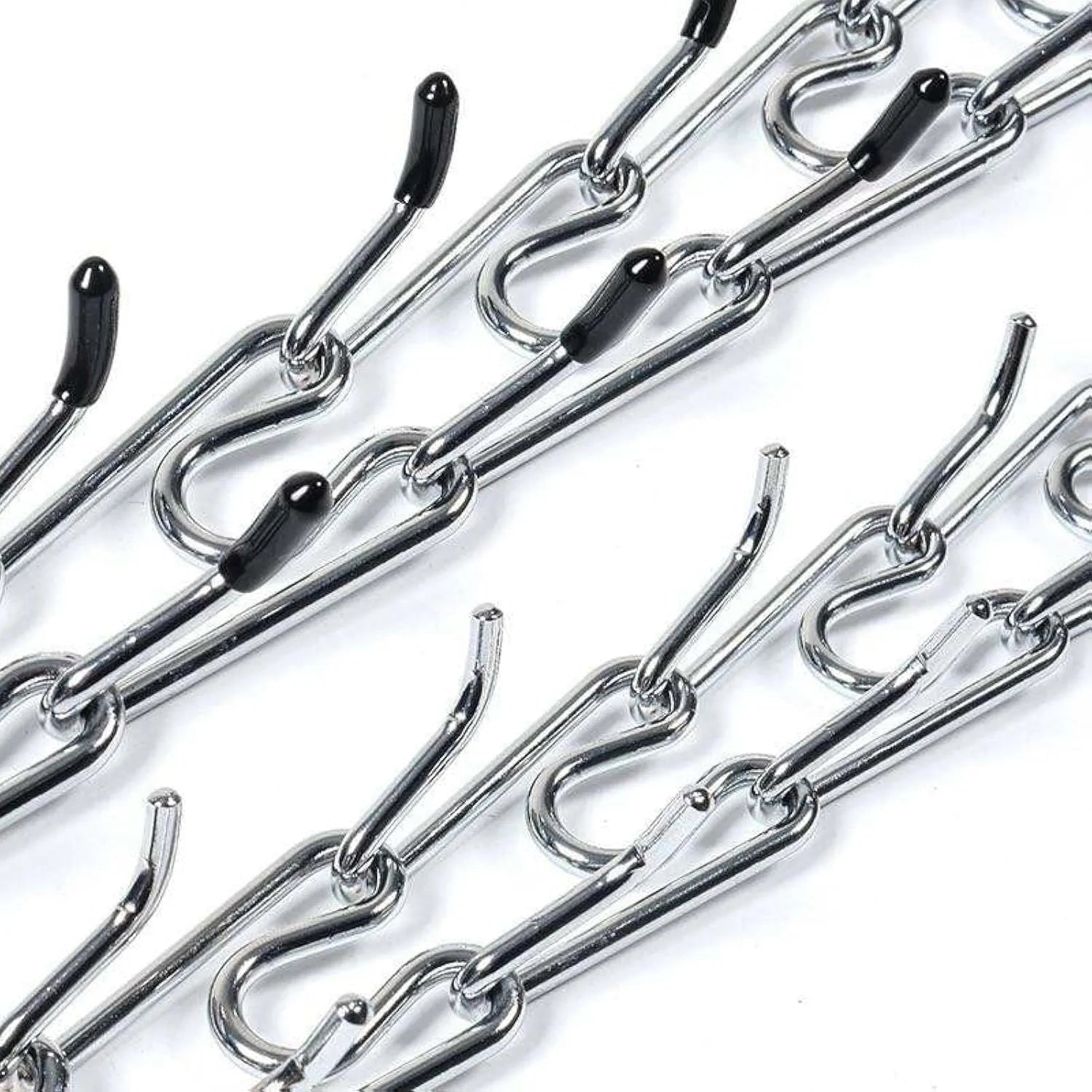 Stainless steel dog training prong collar with rubber tips, showing adjustable chain links.