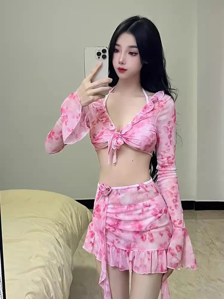 Women's floral pattern bikini swimsuit in cherry blossom powder colour