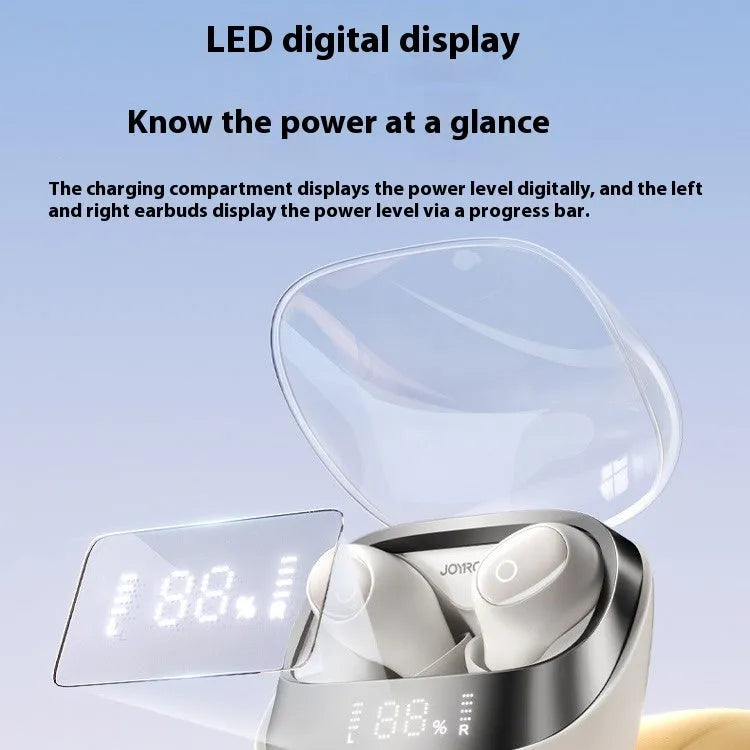 Dawn White wireless Bluetooth in-ear headphones with charging case on a table.