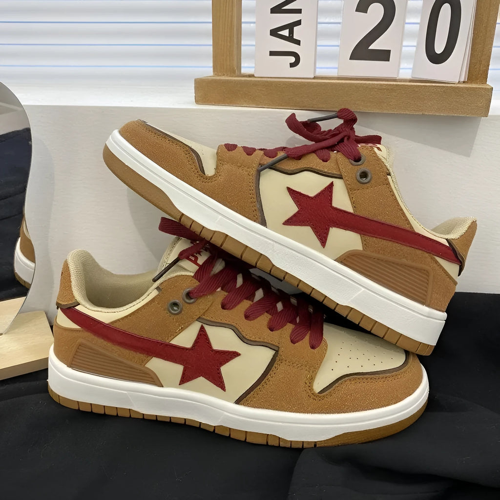 Brown women's low-top platform sneakers with sequin details, round toe, and front lace-up fastening.