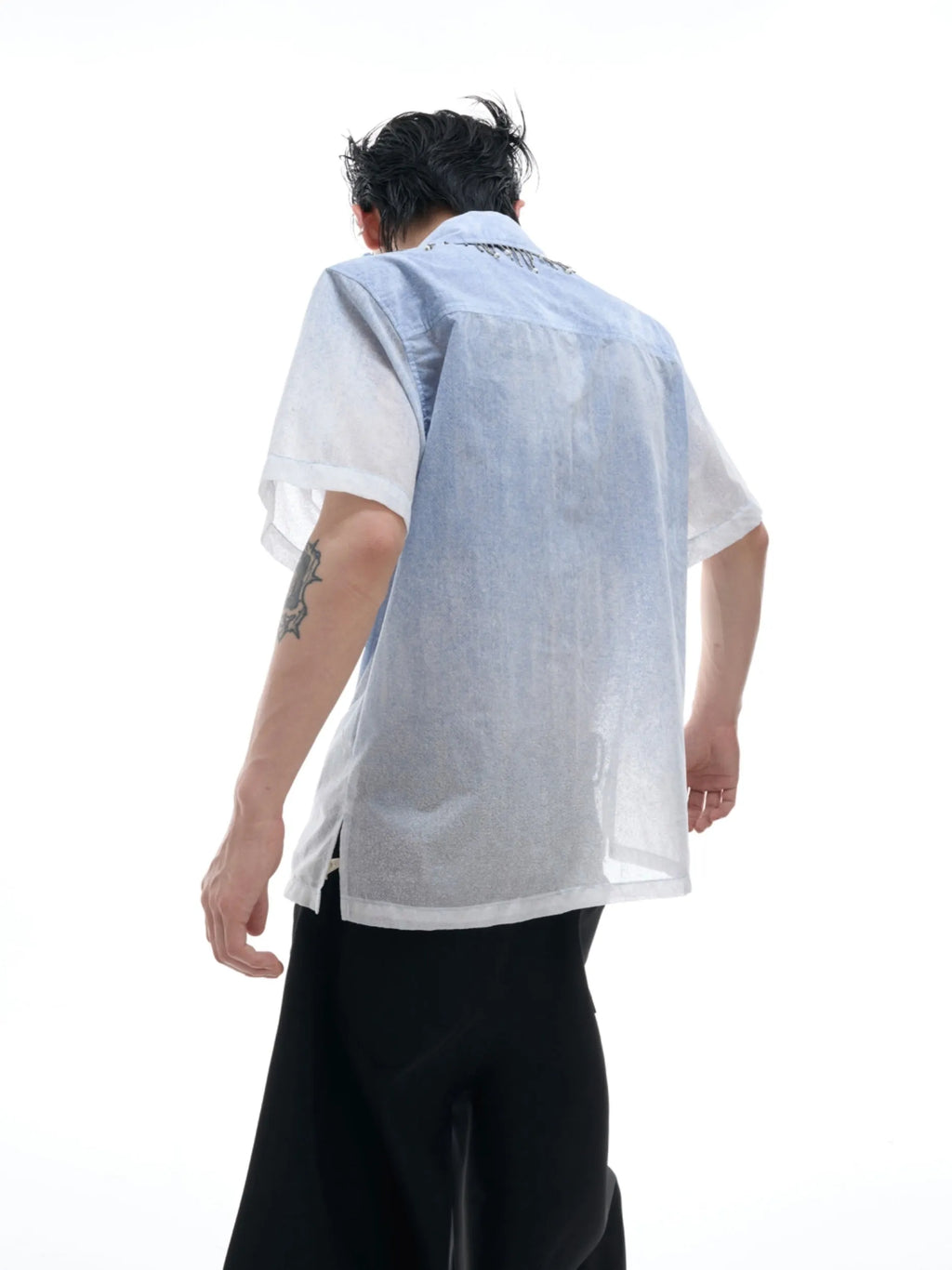 Men's loose fit blue gradient short sleeve casual shirt on a hanger