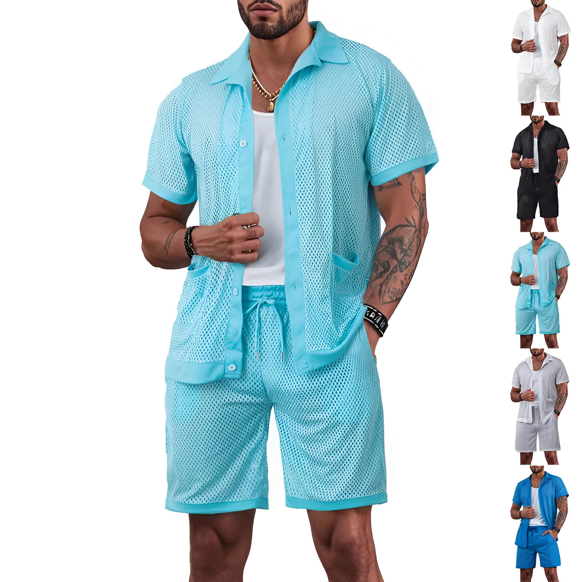 Lightweight beach cover-up cardigan and shorts set in see-through fabric for summer leisure wear