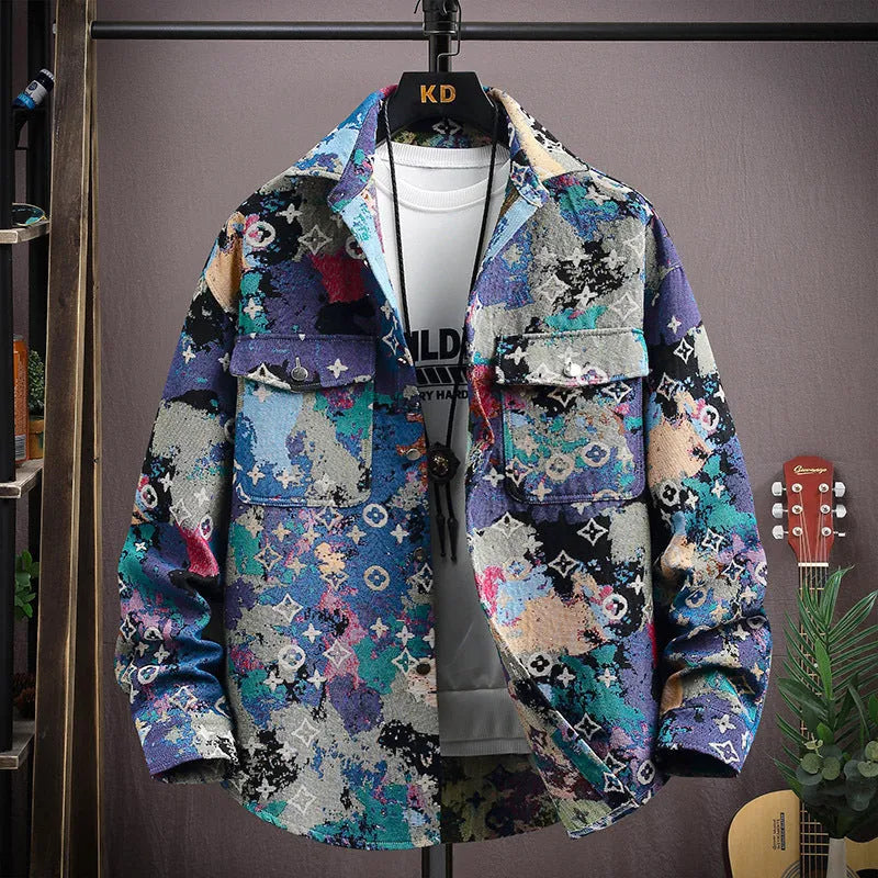 Casual lapel shirt coat in a light colour with long sleeves and straight hem, shown on a hanger.
