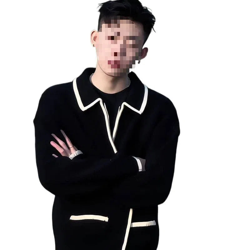 Black lapel zipper sweater coat, loose rabbit hair knit cardigan for men and women, long sleeve autumn winter style
