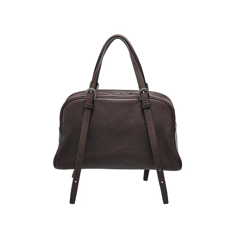 Women's retro genuine leather shoulder bag with horizontal square shape and double shoulder straps