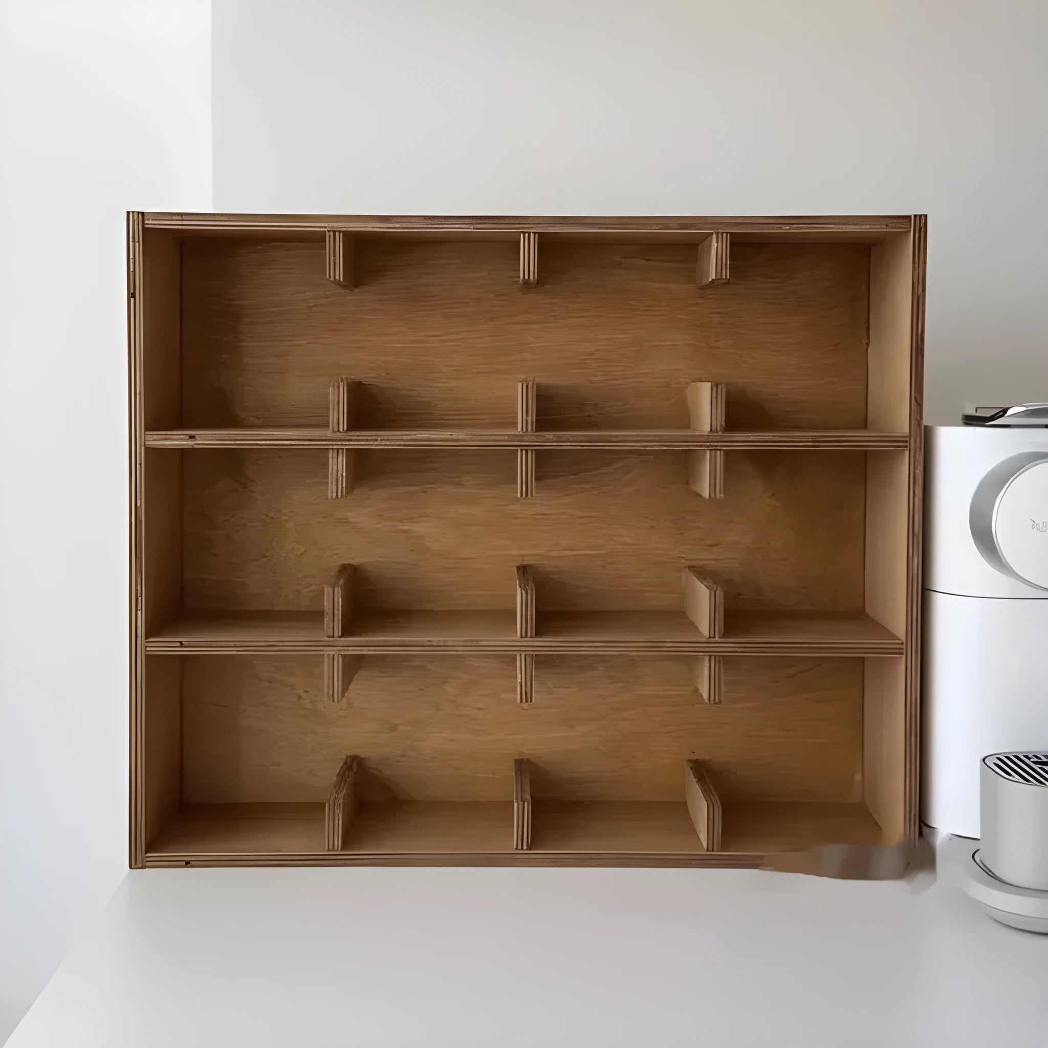 Square solid birch wood cup storage rack with multiple grid compartments in a natural meridian colour.