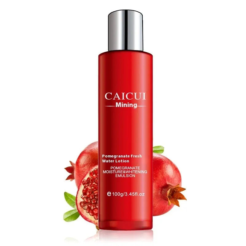 Red pomegranate skincare set showing four bottles: face wash, toner, lotion, and facial cream.