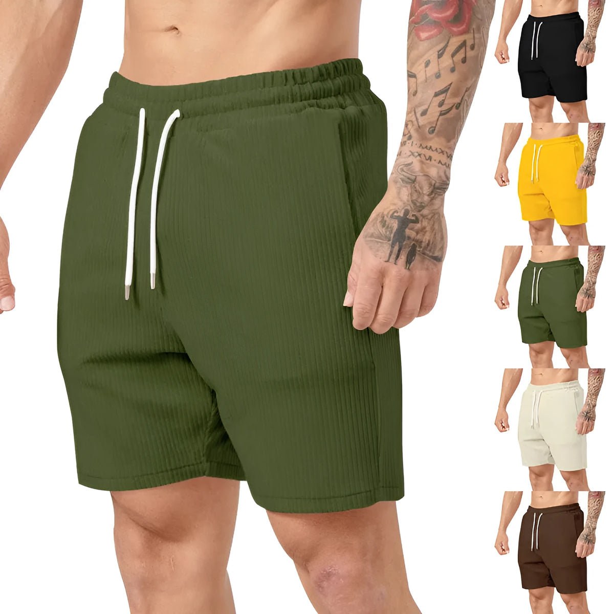 Men's simple casual shorts, straight leg, fifth length, chemical fibre blend, five colours, sizes S to 3XL