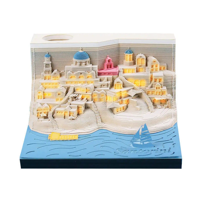 Santorini 3D notepad with special paper, 166 pages, 9 x 9 x 5cm Santorini beach building model