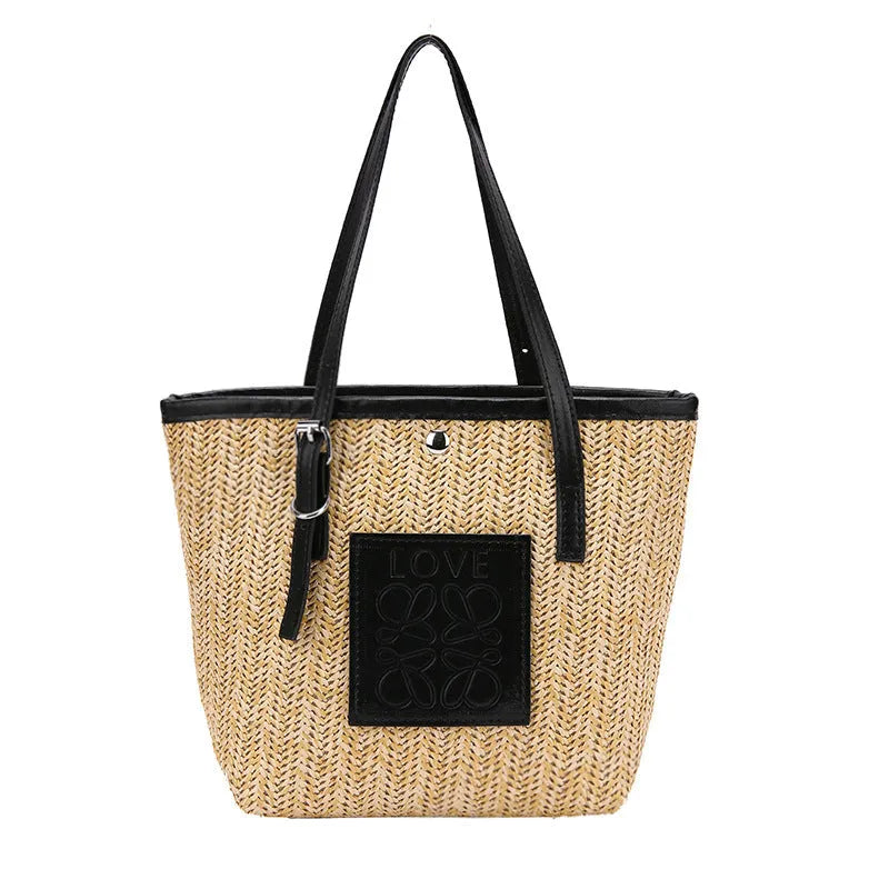 Spring straw woven women's large capacity shoulder bag in European American retro style with three-dimensional pocket