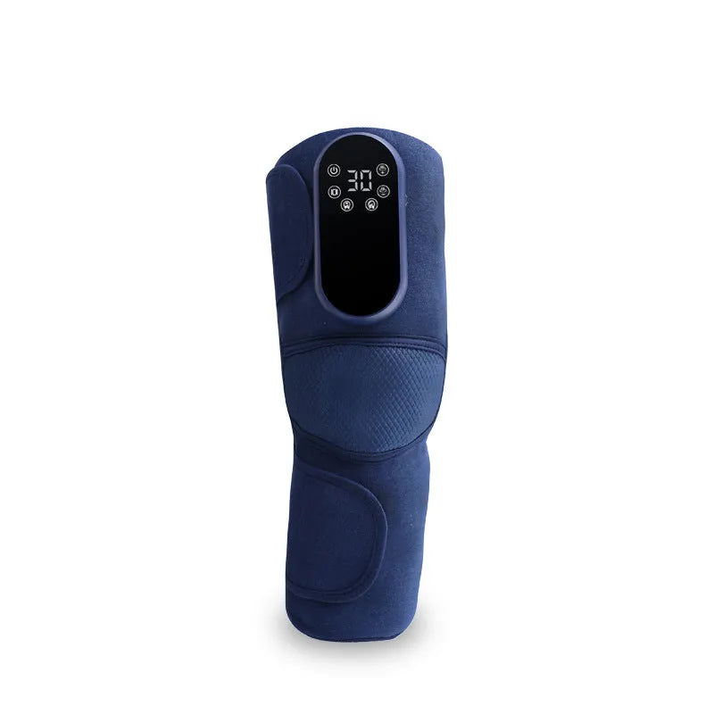 Blue airbag self-heating knee massager showing adjustable wrap and control unit.