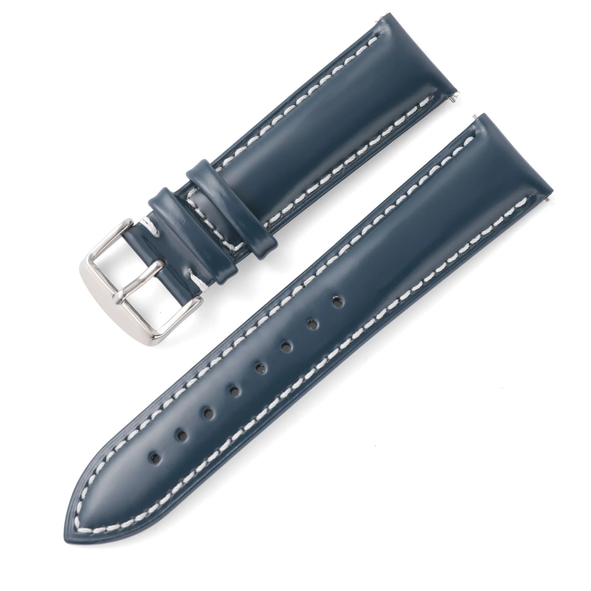 Quick release cowhide leather watch strap shown in multiple colour options including black, dark brown, and two-tone designs.