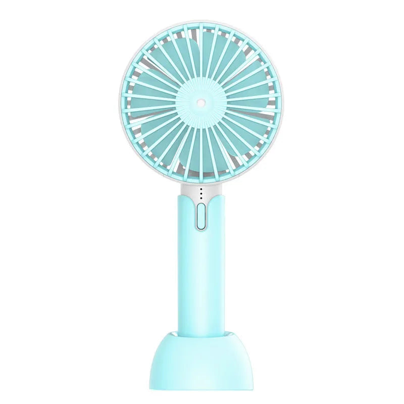Blue USB mini desktop fan with 3 speed settings and figure 8 head motion pattern