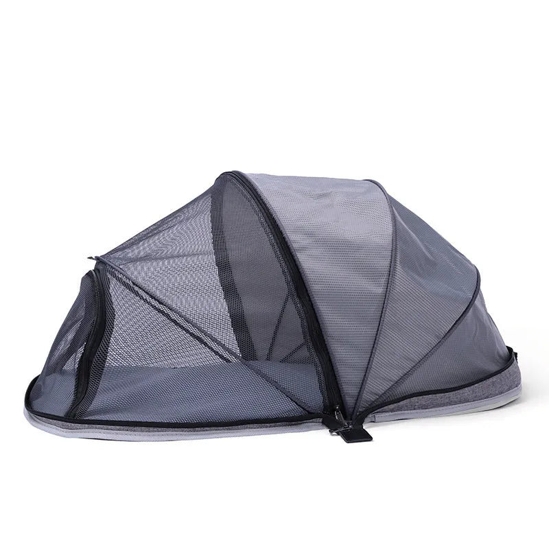 Folding cloth cat tent with half mesh panels in black or blue colour options