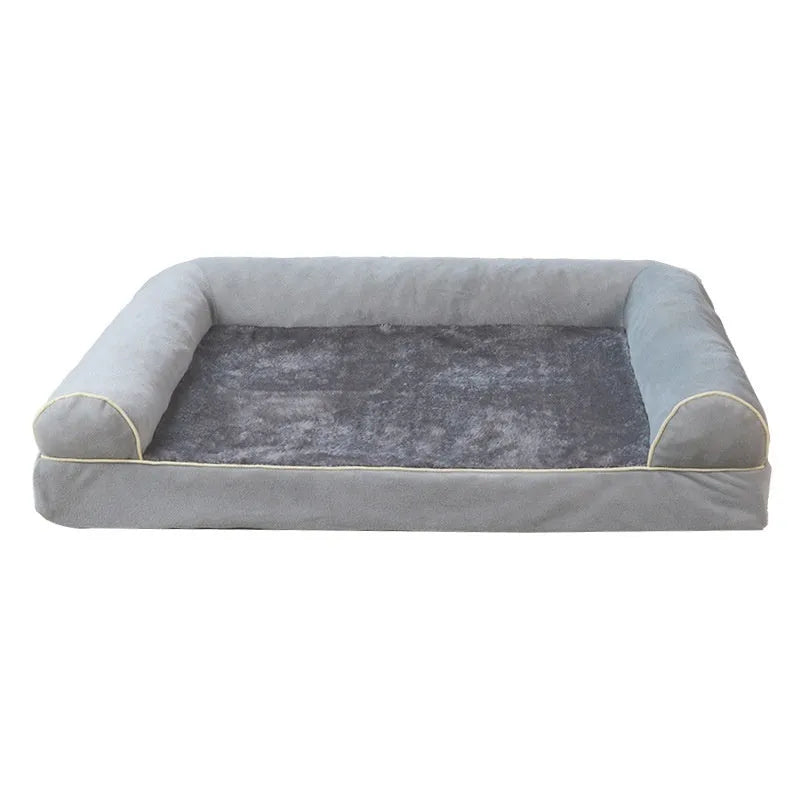 Blue sponge square dog bed for large breeds on a wooden floor