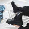 Black men's Dr. Martens platform boots with frosted cowhide upper, side zipper, and lace-up design.