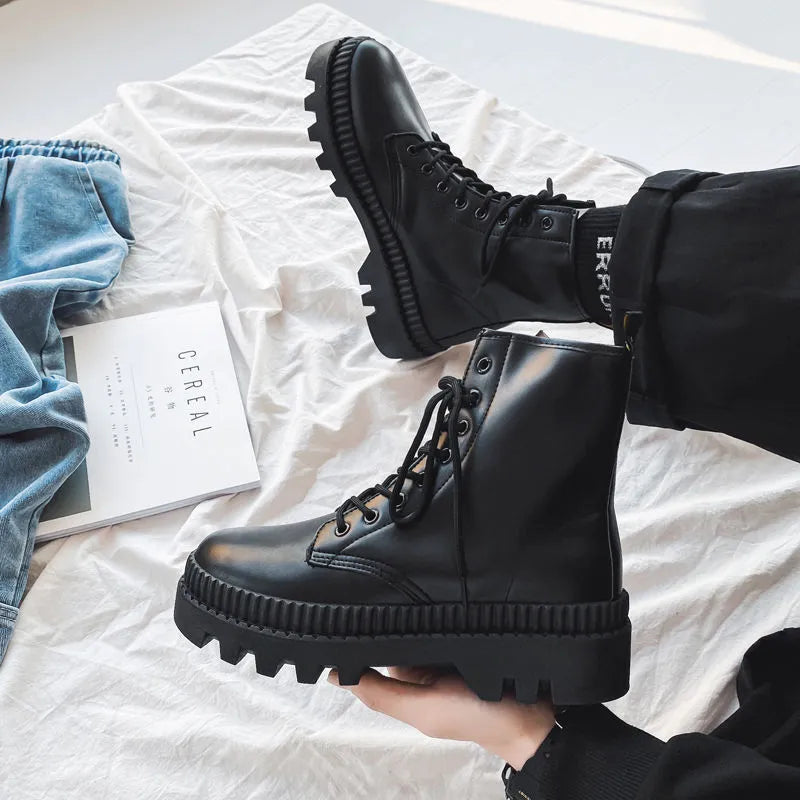 Black men's Dr. Martens platform boots with frosted cowhide upper, side zipper, and lace-up design.