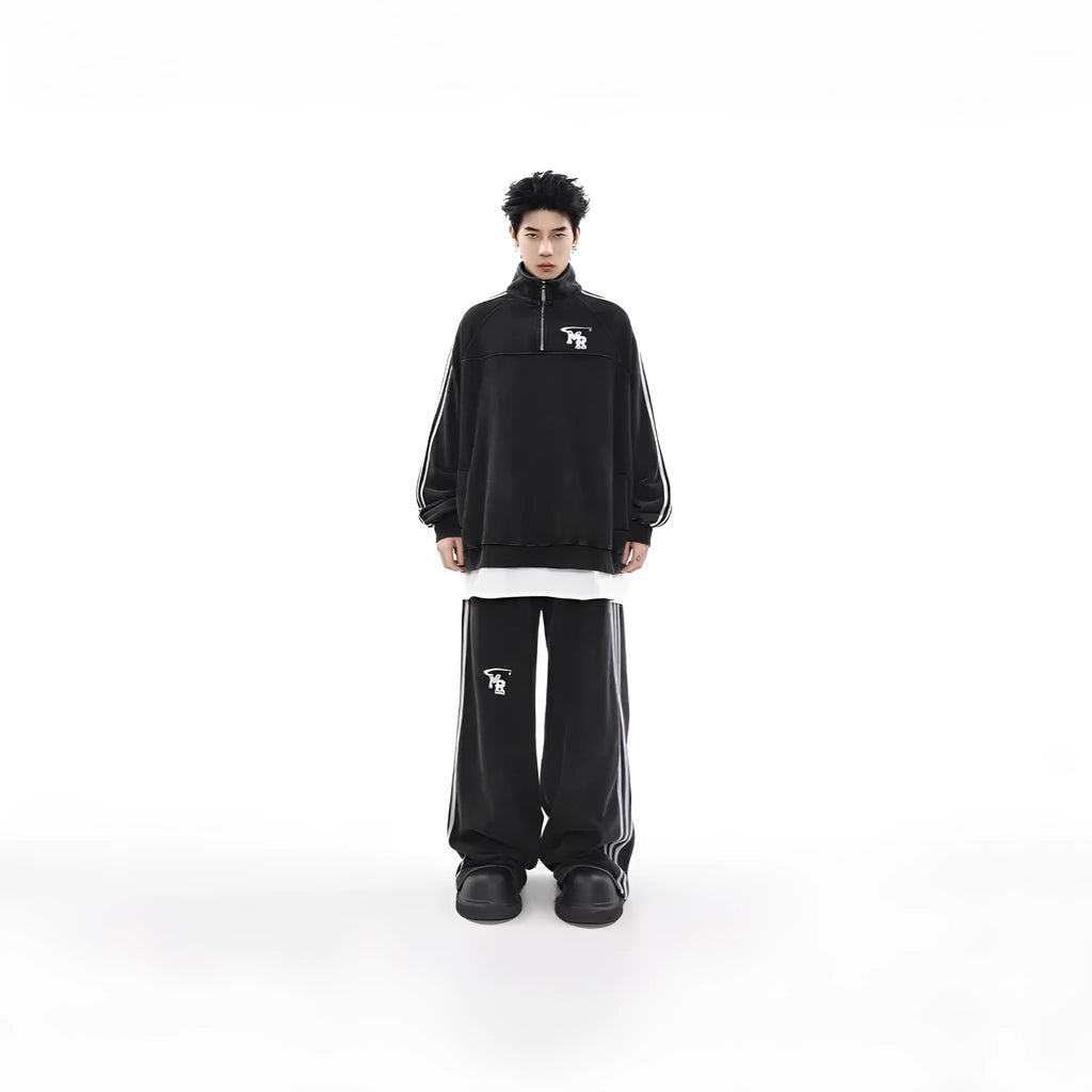 Black retro sports hoodie with stand collar and long sleeves