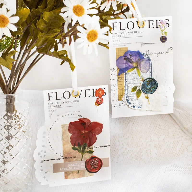Creative dried flowers decoration sticker package showing 8 modern art colour styles on PET material