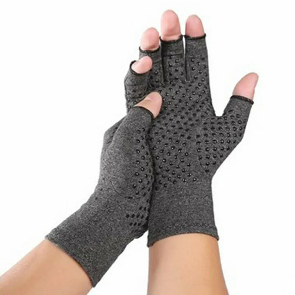 Grey half-finger compression gloves with anti-slip palm surface