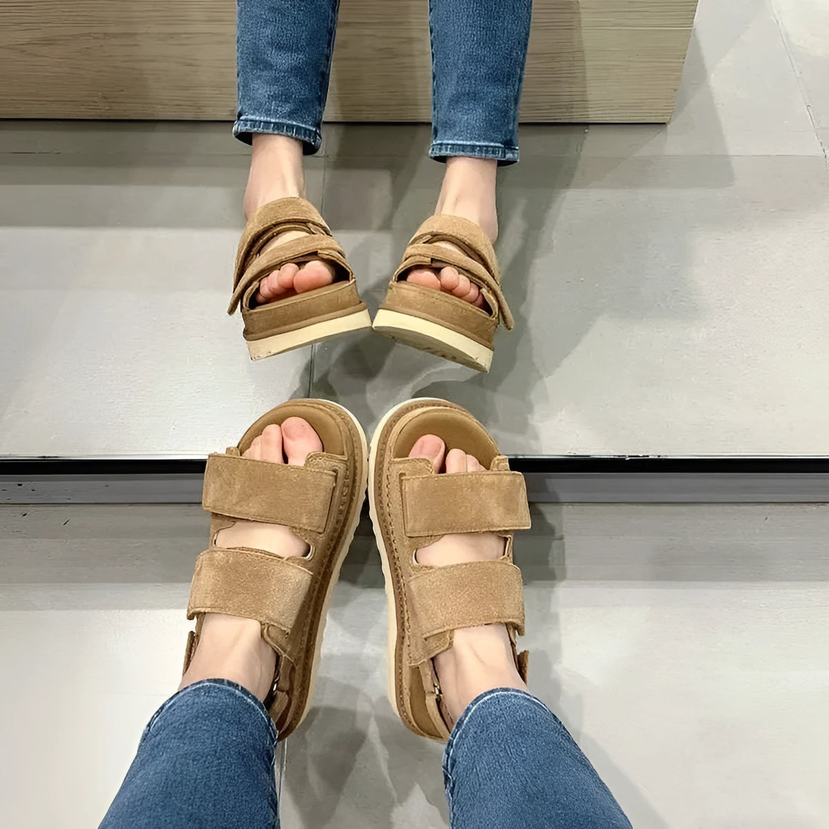 Women's maroon suede peep toe platform sandals with Velcro strap