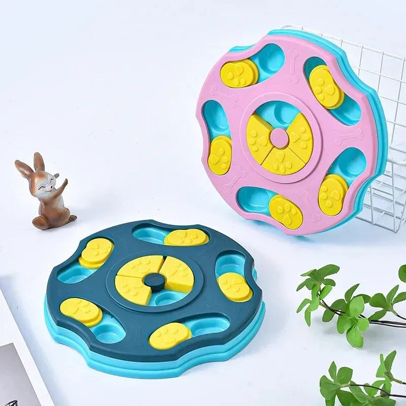 Blue and pink dog puzzle toy showing food bowl and interactive searching game design for aggressive chewers.