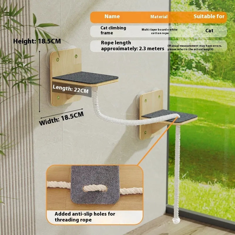 Suspended cat climbing frame with sisal scratching surfaces mounted on wall