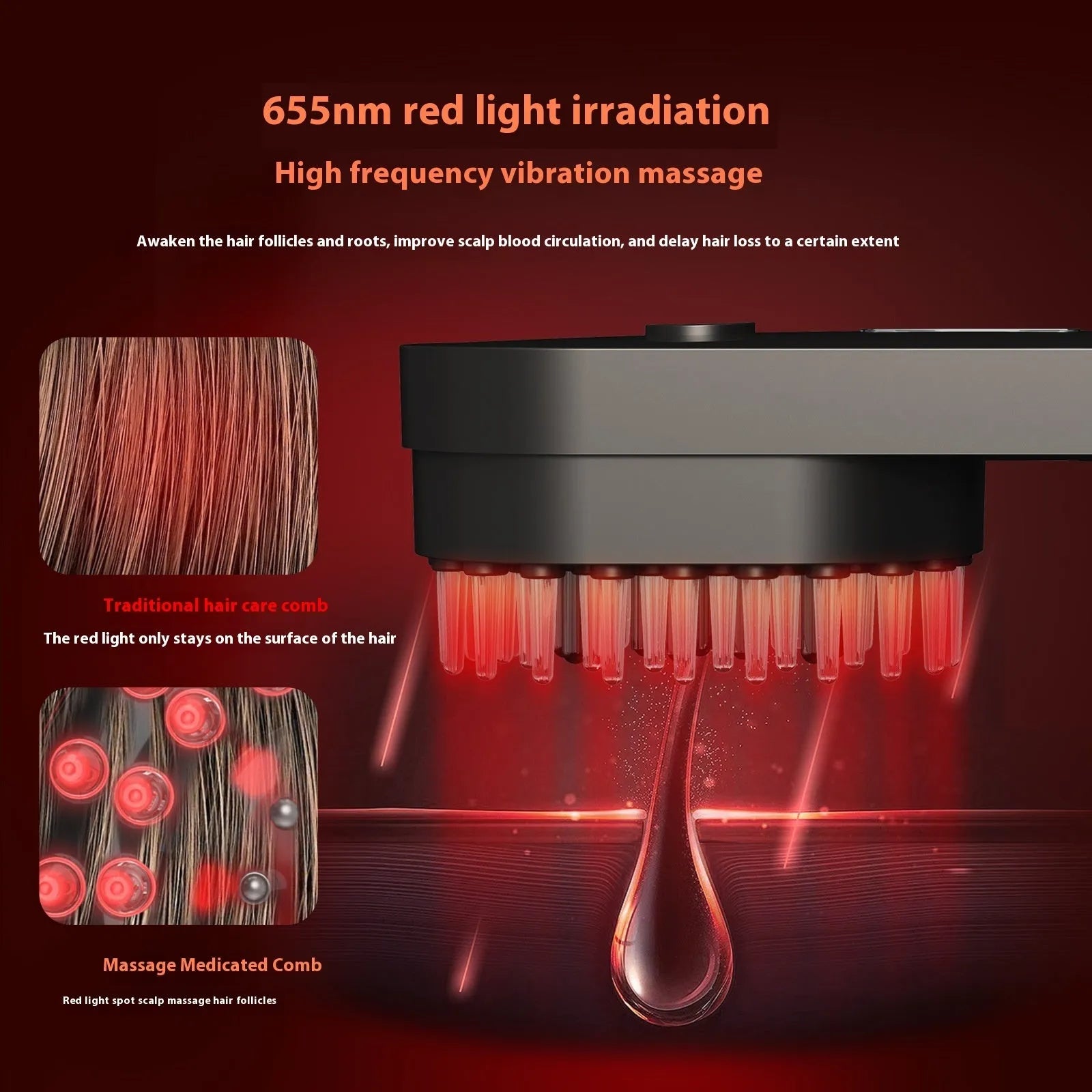 Smart massage comb with red light technology for head care in pink and black colour options