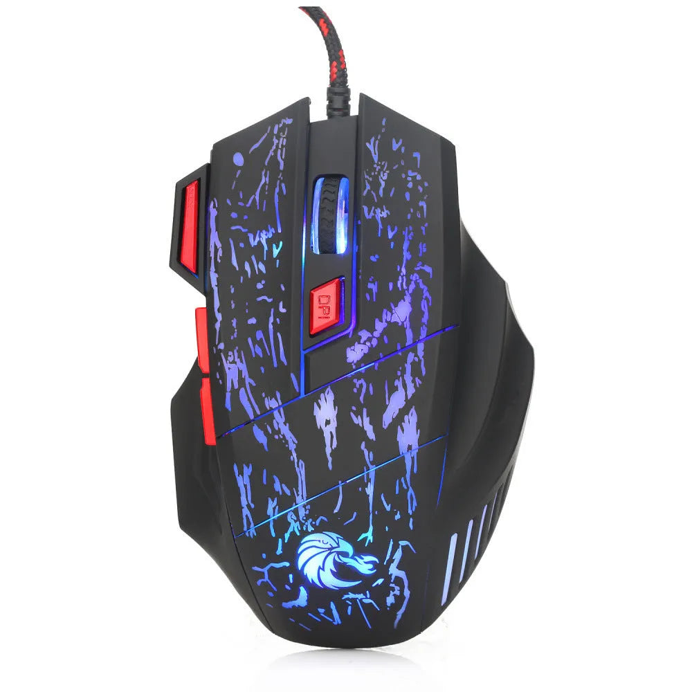 Water Crack colourful luminous gaming mouse with ergonomic design and USB cable on desktop