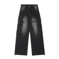 Men's loose fit multi-pocket denim jeans in distressed light blue wash with straight-leg street hipster styling
