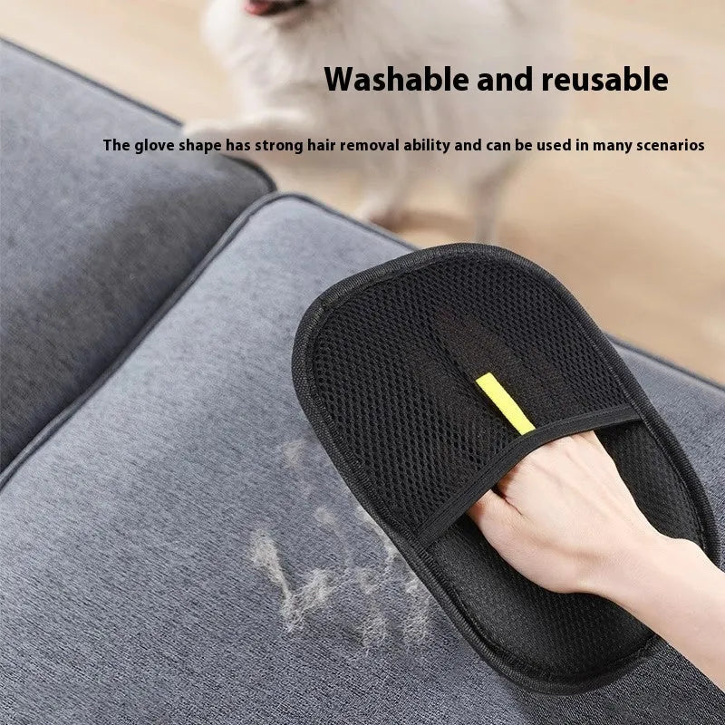 Black pet hair remover mitt glove with dual-sided silicone brush on breathable mesh material