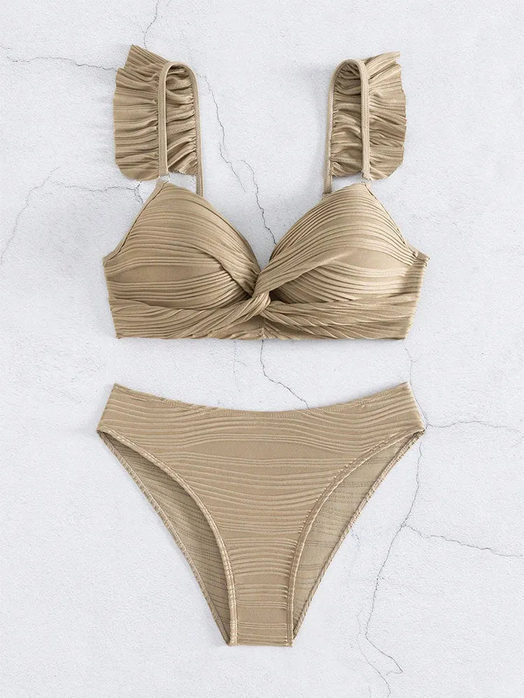 Women's solid colour bikini swimsuit in black or khaki, made from polyester.