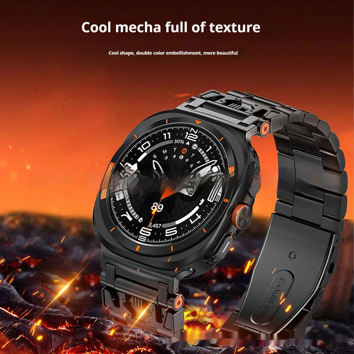 Samsung metal watch strap with three steel band armour design in Black, Starlight, or Silver