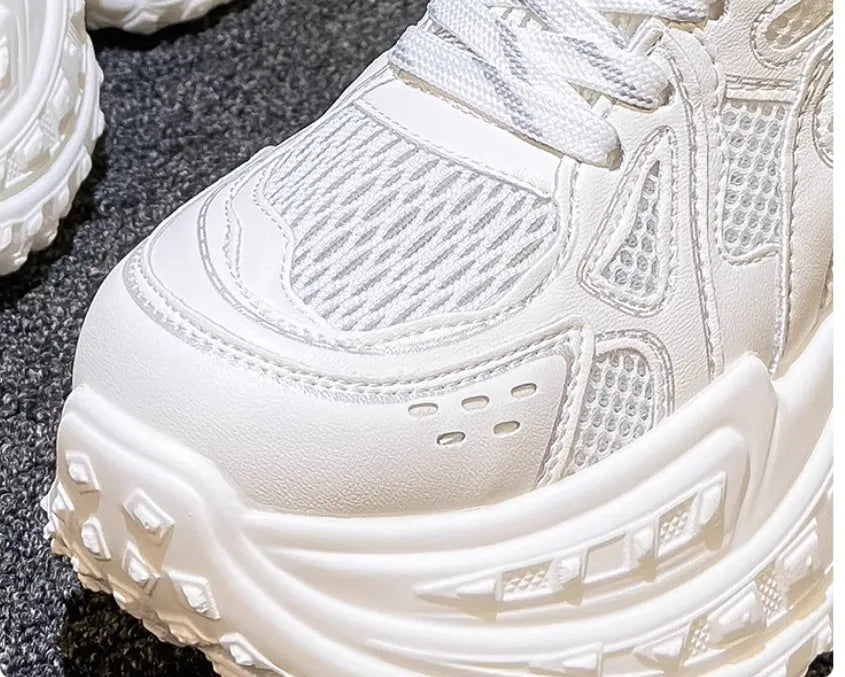 White women's lace-up dad shoes with height increasing insole for an 8cm+ heel boost
