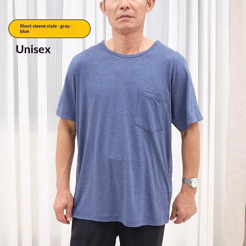 Cotton snap-button long-sleeve vest for post-operative arm fracture care, shown in black, grey, blue and multi-black colour options