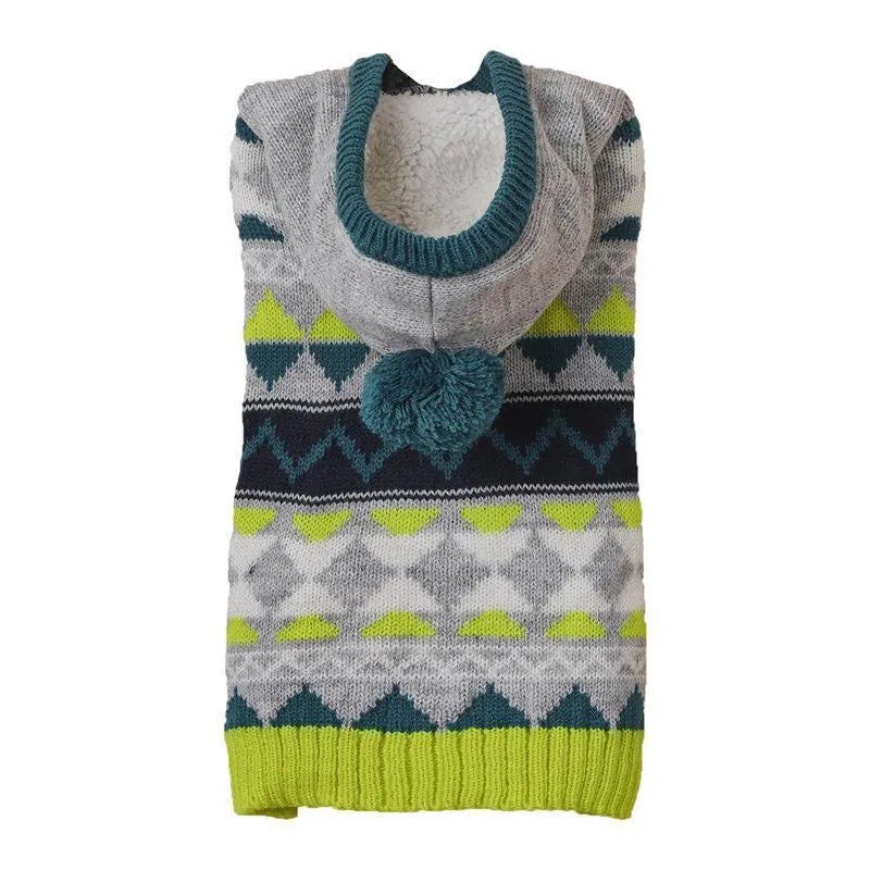 Blue diamond pattern acrylic knitted dog sweater laid flat, showing pullover neck and textured knit.