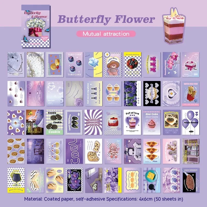 Copper board paper cartoon sticker book open showing 4x6cm sheets in various colours.