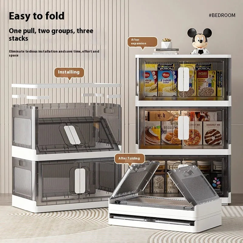 A foldable white storage locker on wheels with multiple shelves, closed doors, for household shoe and toy storage.