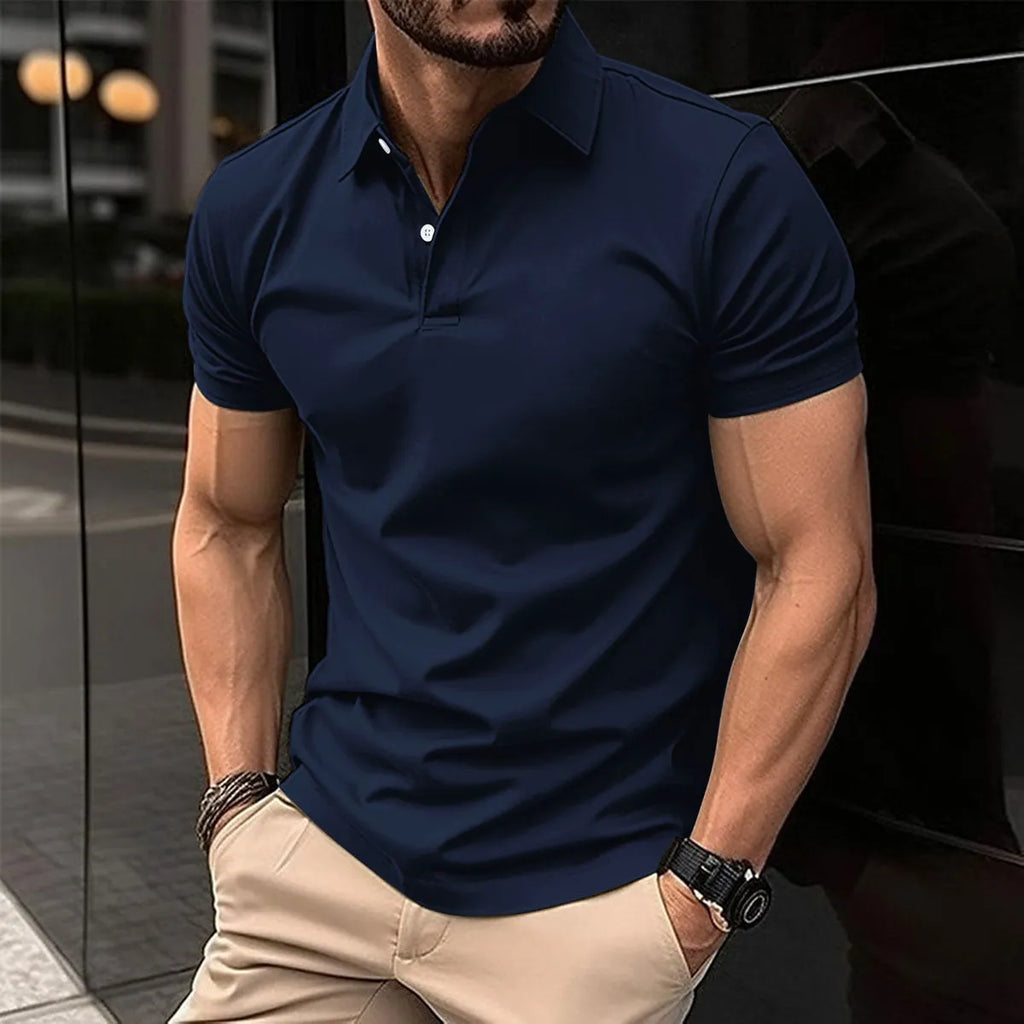 Men's solid colour short sleeve polo shirt with button lapel front in cotton mixed fabric