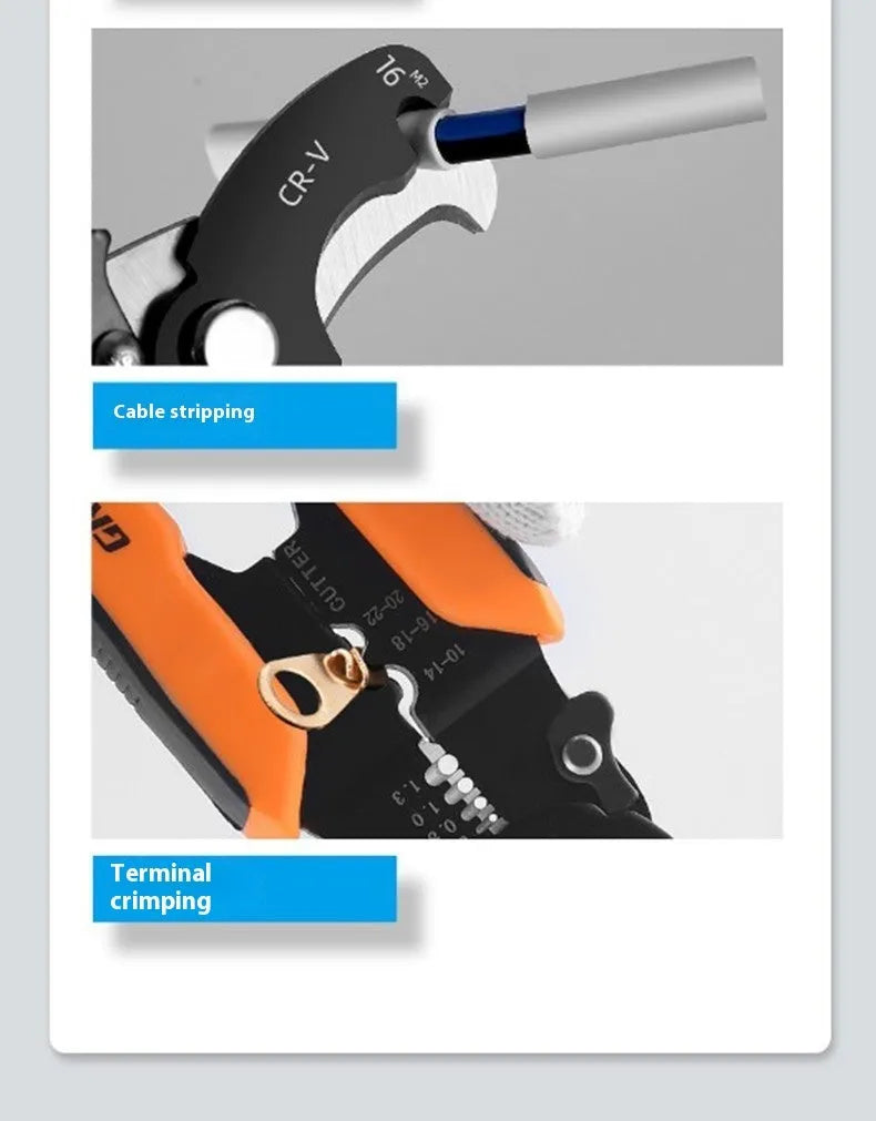 Fully automatic wire stripping pliers tool with high carbon steel blades, mounted in a storage box.