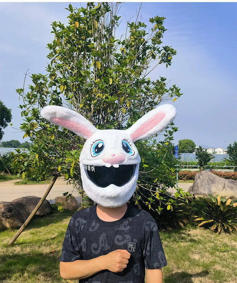 White decorative rabbit head helmet cover with long ears made from plush PP cotton for motorcycle protection