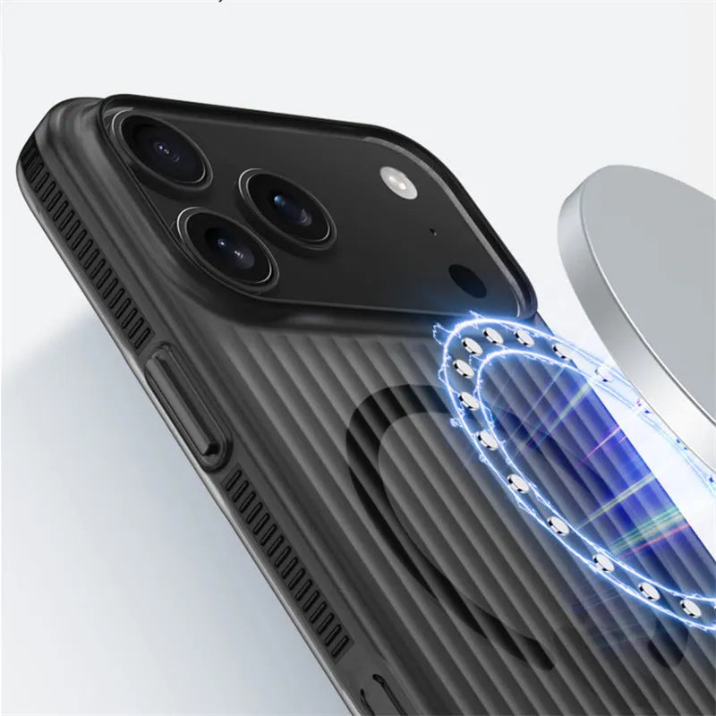 Corrugated magnetic anti-slip frosted PC phone case for iPhone 13 to 17 series in black