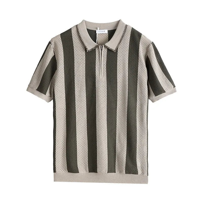 Men's ice silk short sleeve sweater with striped pattern and front zipper details in multiple colour options