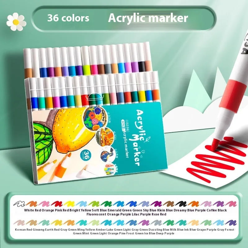 Boxed set of acrylic marker pens showing multiple colour options from 12 to 80 colour selections