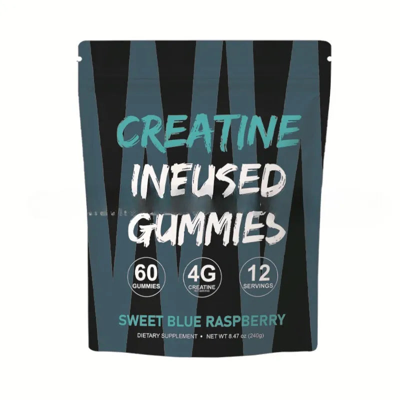 Creatine monohydrate gummy supplement, 60 pieces, one bag with label, room temperature storage