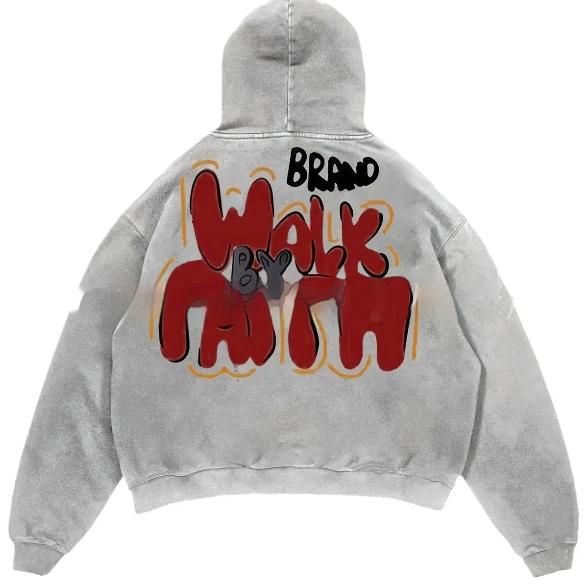 Women's granny grey hoodie with vintage character print, hood, and front pocket.