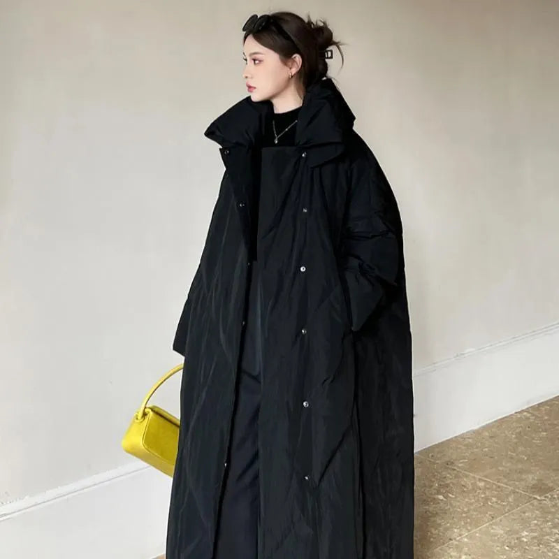 Women's mid-length winter coat in black or grey, loose Korean style zip jacket with conventional sleeves