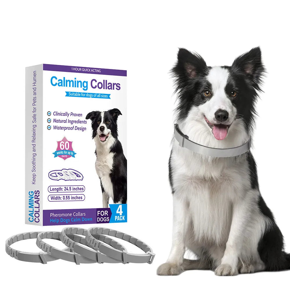 Pack of four coloured dog anxiety soothing collars with monochrome Chinese pattern, showing black, blue, grey and orange options.