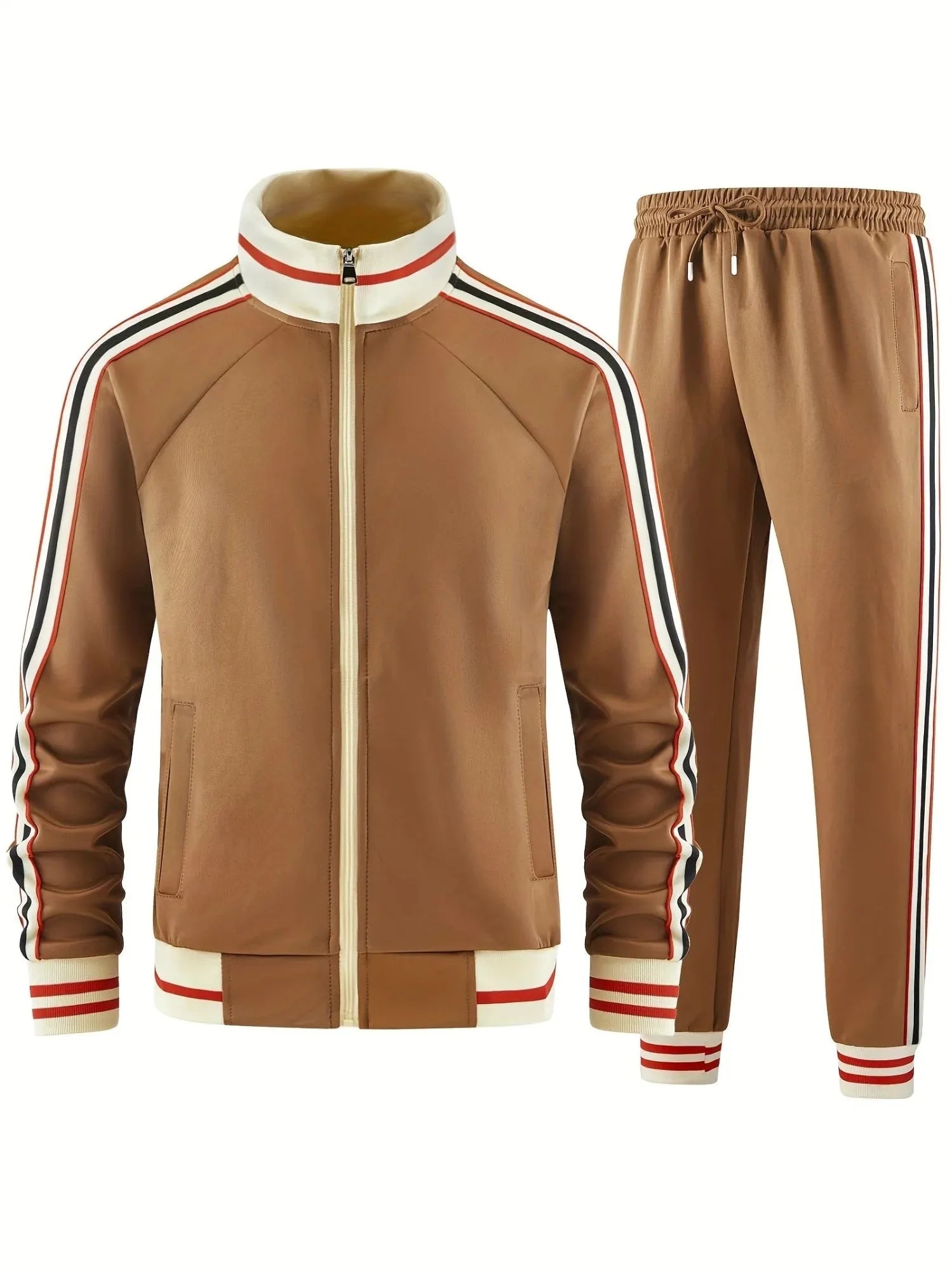 Khaki green turtleneck zipper cardigan and matching straight-leg trousers street style two-piece suit set.